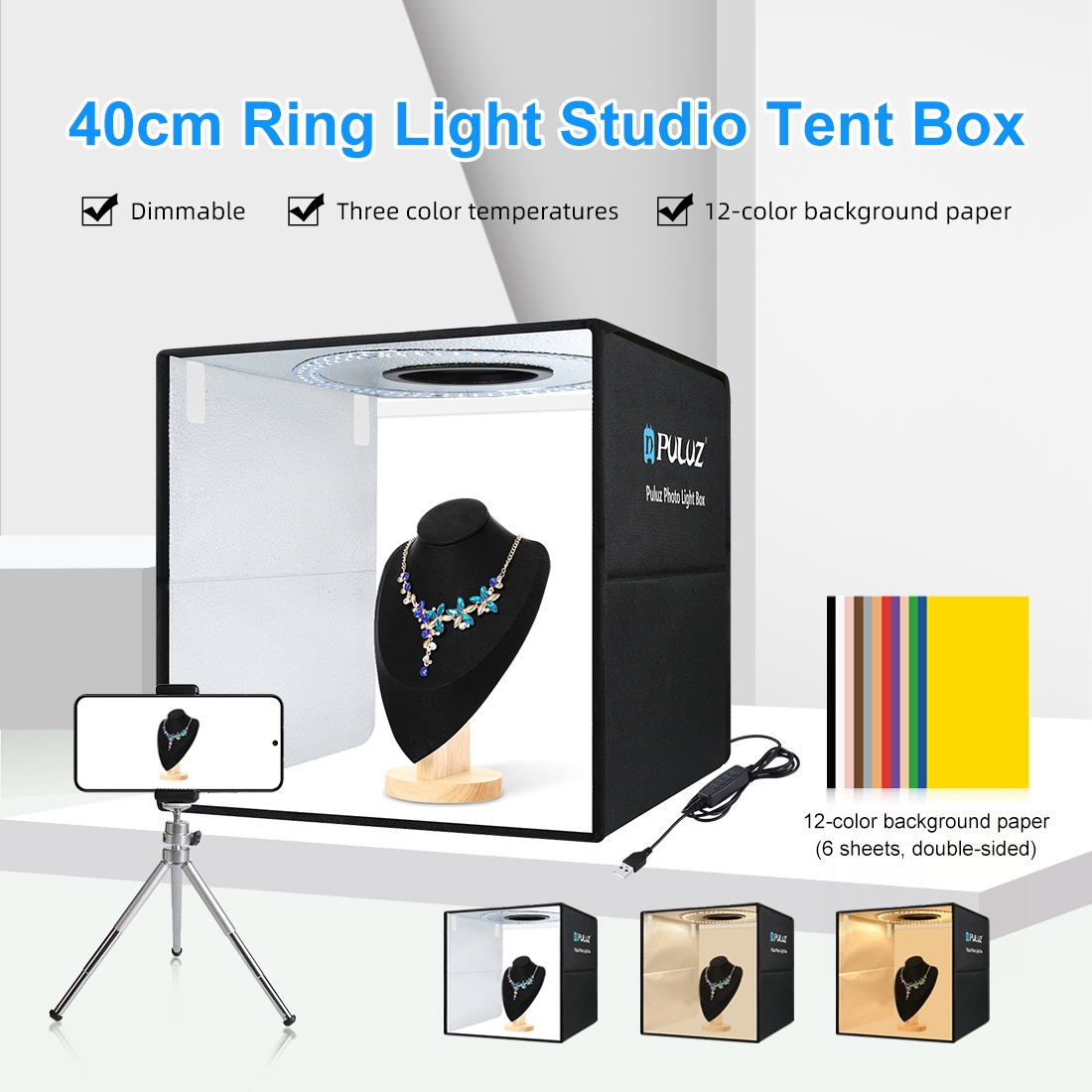 Photography Lighting Tent - PULUZ 40cm折りたたみ式ポータブルリングライトUSB写真照明スタジオ撮影テントボックス、6枚の両面カラーバックドロップ付きフォトボックス