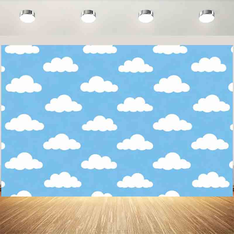 Photography Lighting White Background - 漫画風のシンプルな青空と白い雲の写真背景、新生児や子供の誕生日ポートレート用のライトブルーの雲背景