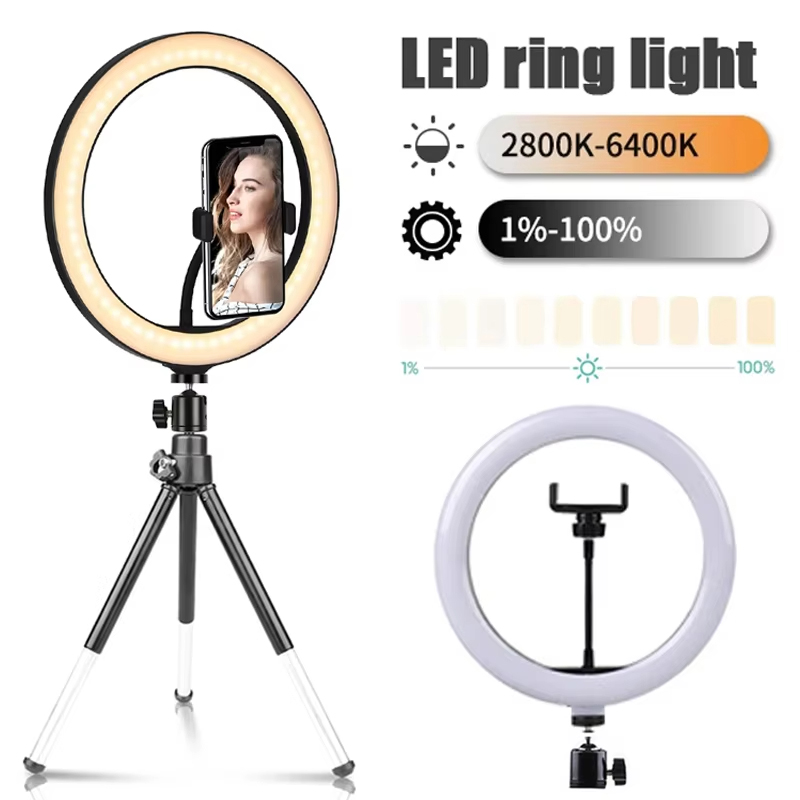 Photography Lighting Tent - 10インチ自撮りリングライト写真撮影用フィルライトLEDリングランプ明るさ調整可能ランプライブストリーミングアクセサリーカメラフィルライト