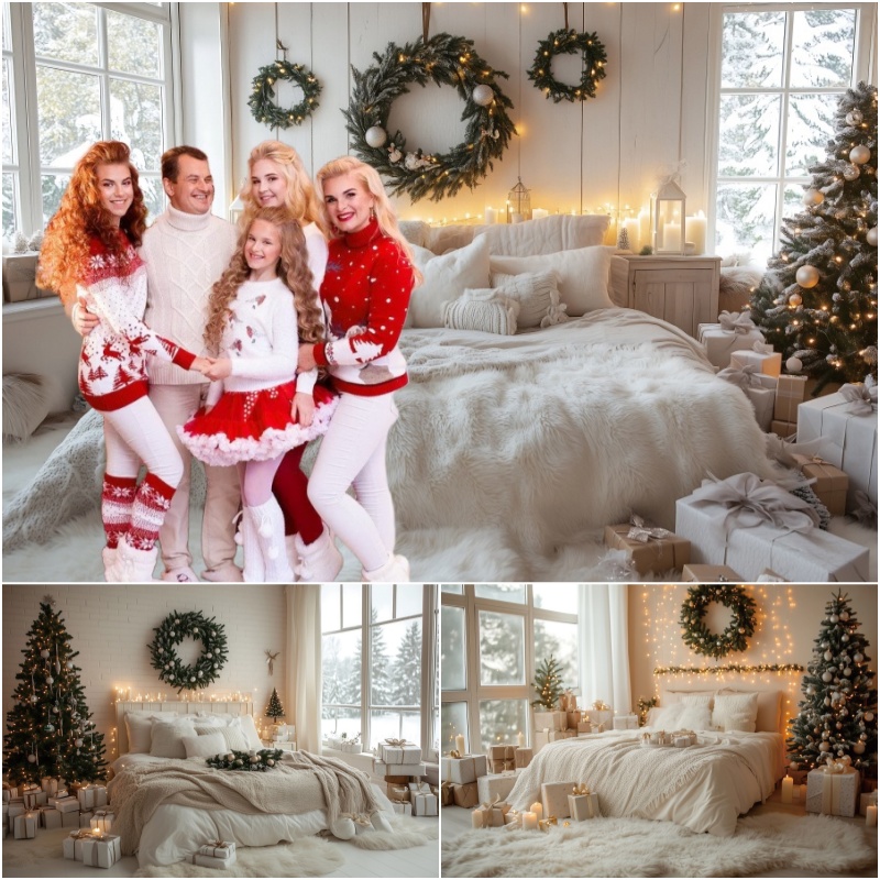 Photography Lighting White Background - 冬のクリスマス写真撮影背景家族パーティー装飾クリスマスツリーギフト白いベッドグリッターライト背景幕フォトコール小道具